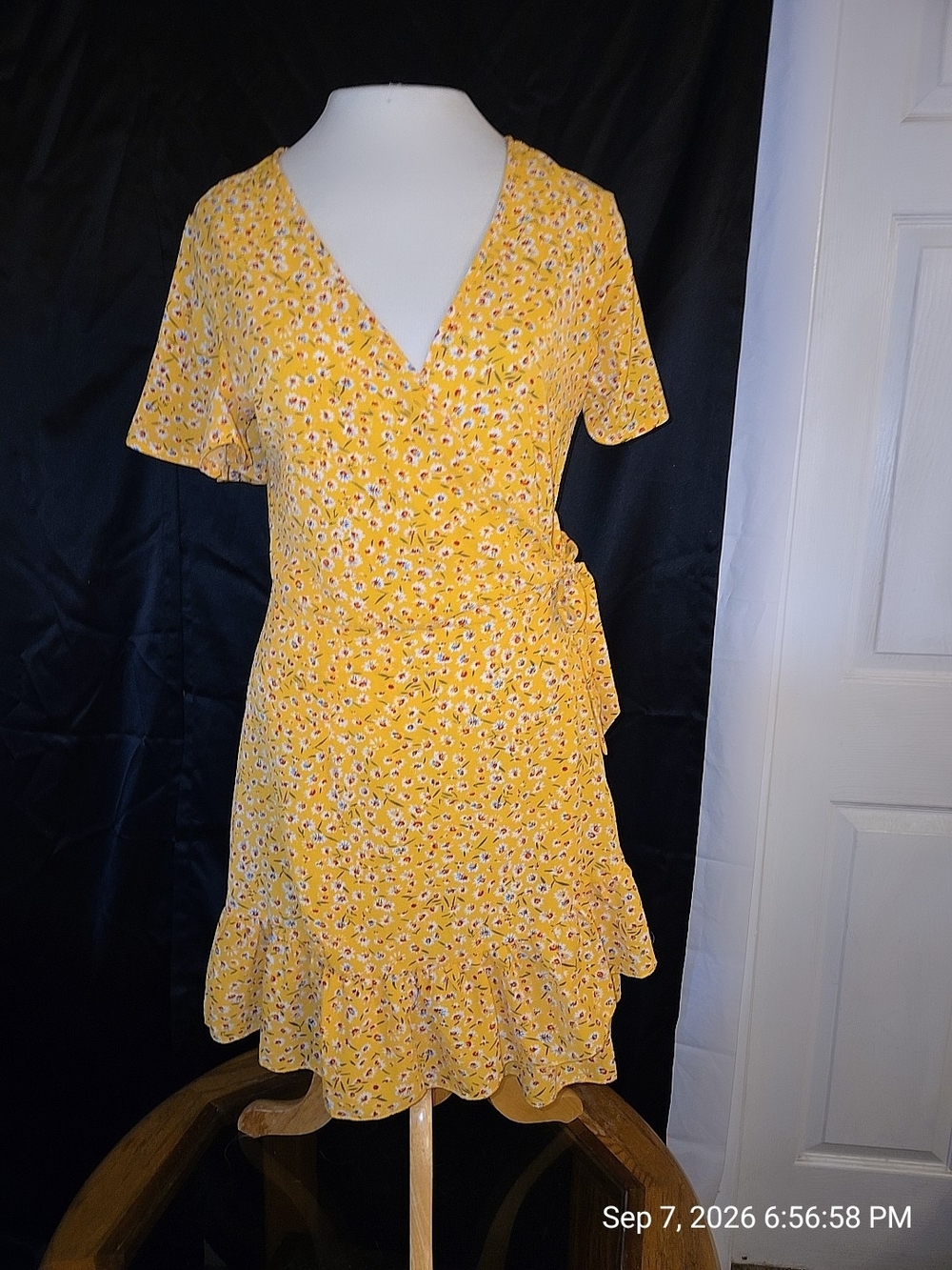 Yellow Floral Wrap Dress with Ruffle Hem